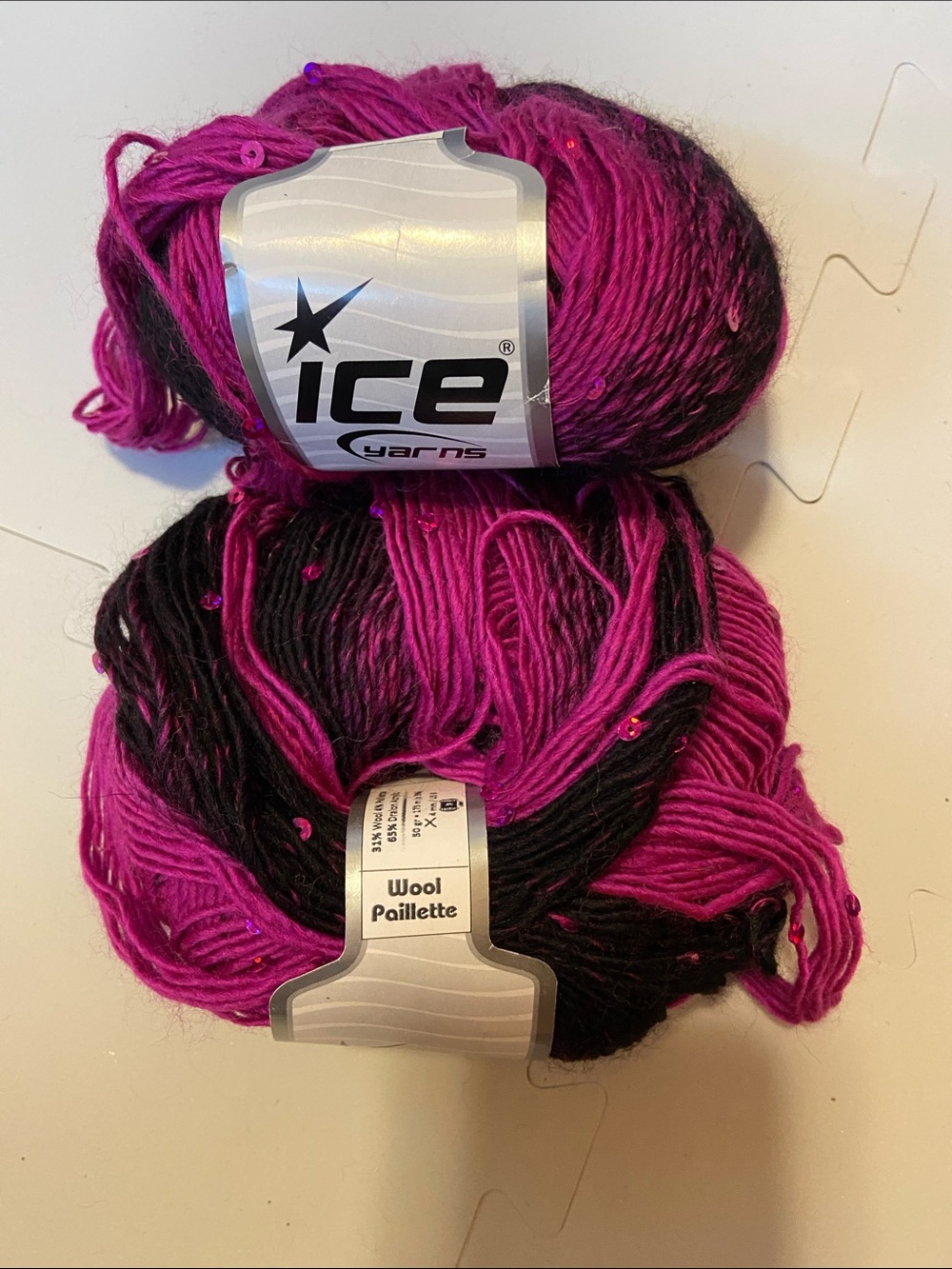 Wool Paillette Yarn in Hot Pink and Black